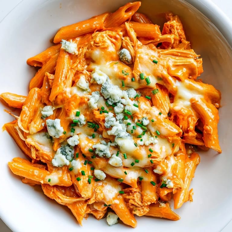 Serving suggestion: A steaming plate of Buffalo Chicken Pasta garnished with green onions, ideal for game day.
