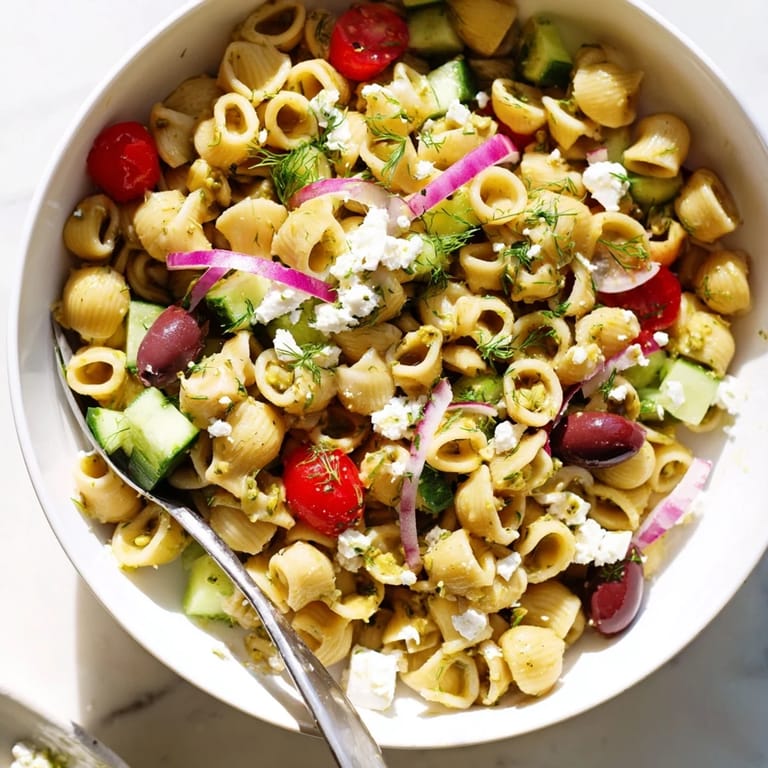 A bowl of Lemon Herb Chickpea Pasta Salad, garnished with feta and olives, served chilled on a sunny picnic table.