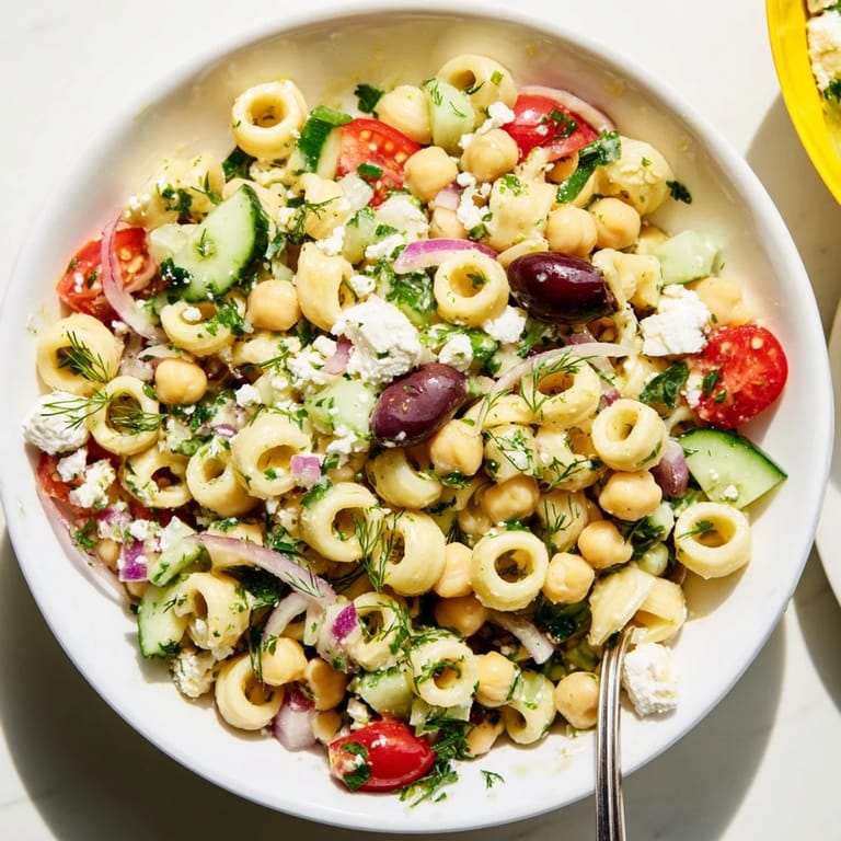 Close-up view of Lemon Herb Chickpea Pasta Salad showing herbs, cucumber chunks, and glossy olive oil dressing glistening on chickpea pasta.
