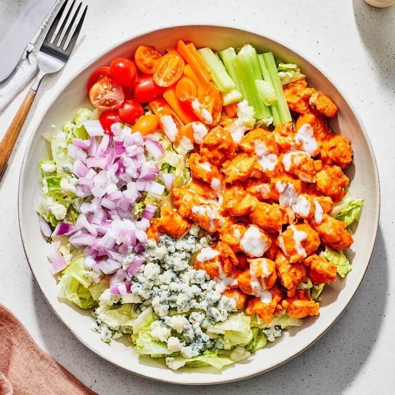 A hearty bowl of Buffalo Chicken Chopped Salad, ready to serve, with bright red cherry tomatoes and fresh red onion adding a crunchy contrast.