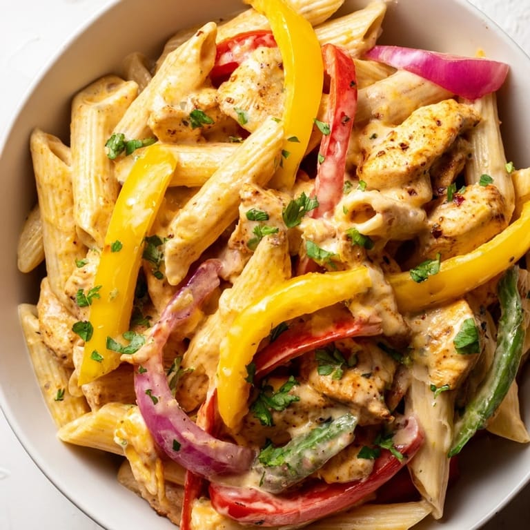 A one-pan skillet of Fajita Chicken Pasta served with jalapeños and cilantro, perfect for a fast, family-friendly weeknight meal.