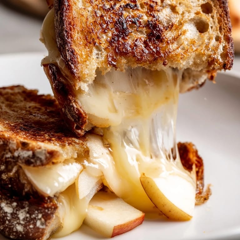 A toasted smoked Gouda & apple grilled cheese sandwich cut diagonally, revealing layers of melted cheese, thin apple slices, and buttery bread.