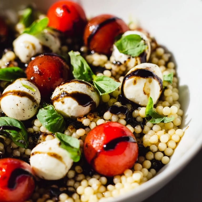 Caprese Couscous Salad features tender pearled couscous, creamy mozzarella, juicy tomatoes, and fresh basil.