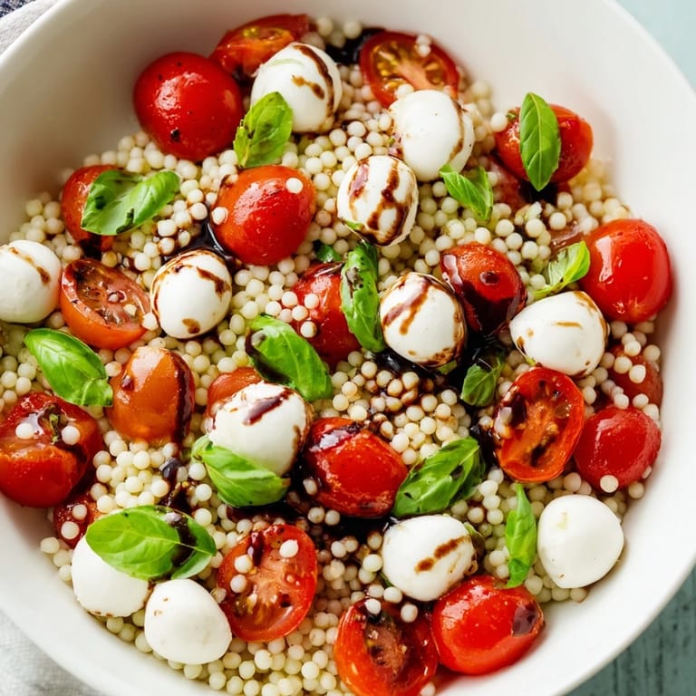 Platter of Caprese Couscous Salad ready to serve, drizzled with balsamic glaze and black pepper.