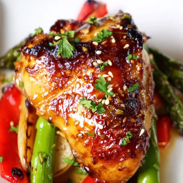 A close view of juicy roasted chicken and asparagus, snap peas, and carrots on a sheet pan, drizzled with honey garlic sauce and ready to serve.