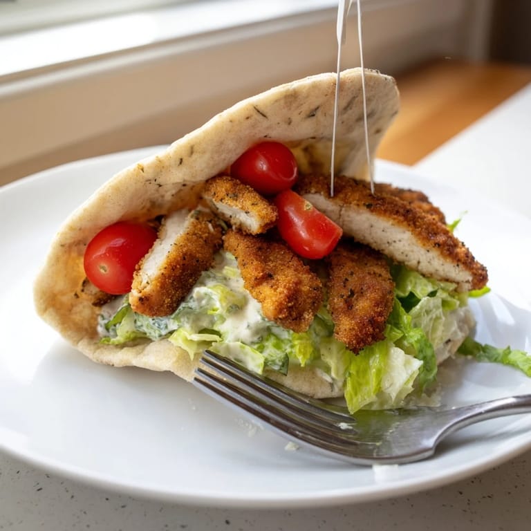 Freshly assembled Crispy Herbed Chicken Caesar Pitas held in a hand, ready to eat with a lemon wedge.