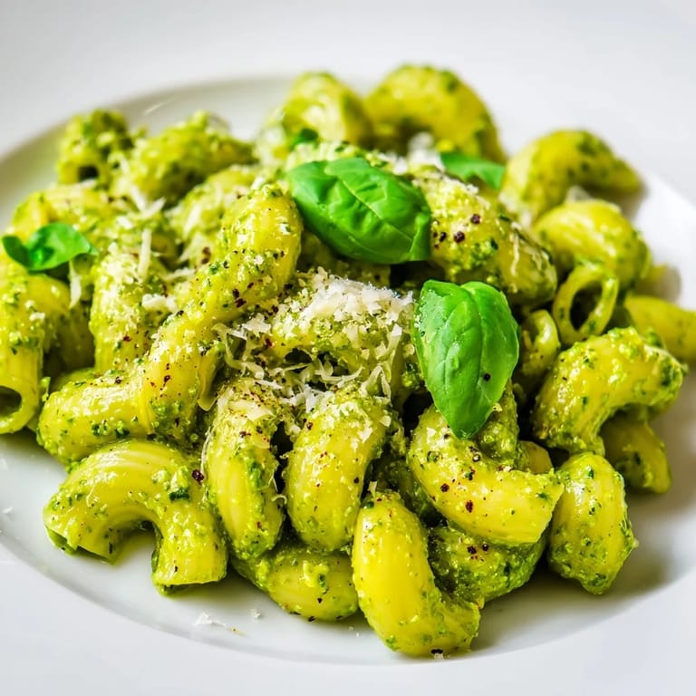 Close-up of Creamy Avocado Pesto Mac with a drizzle of olive oil and cracked black pepper.