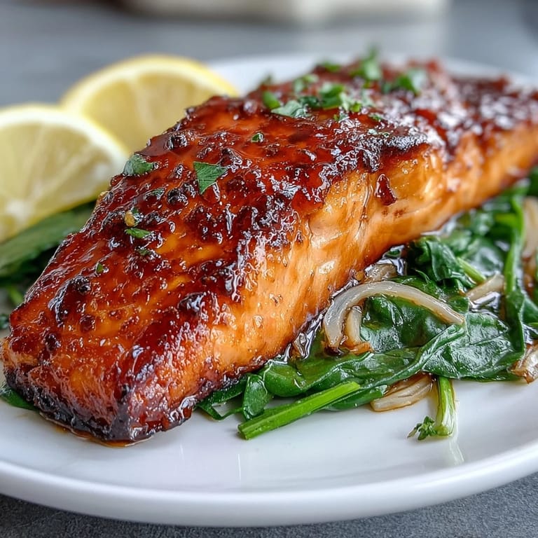 Miso glazed salmon paired with tender sautéed spinach creates a colorful and nutritious Japanese-inspired main course ready for dinner.