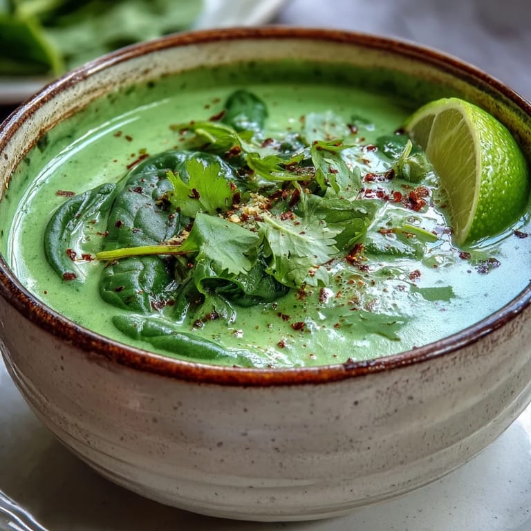 Close-up of vibrant green Spinach Coriander Lemongrass Soup with a coconut milk swirl and a spoon ready for serving.