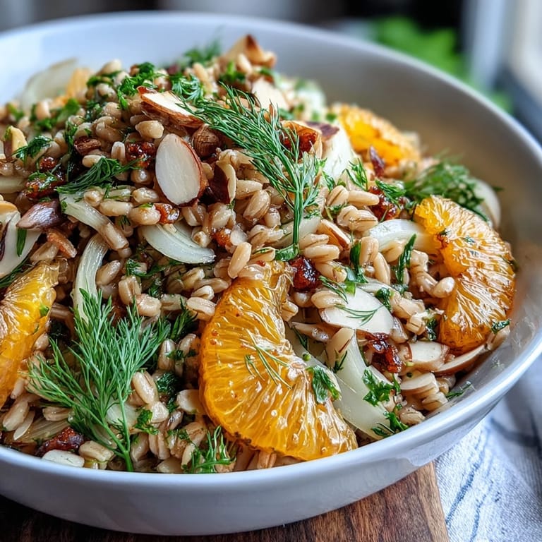 Light and refreshing Farro Salad With Fennel, Oranges, and Almonds, showcasing chewy grains, crisp fennel, and sweet orange segments.