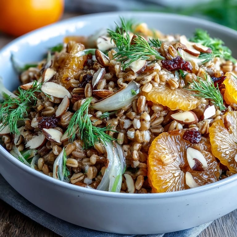 A bright serving of Farro Salad With Fennel, Oranges, and Almonds, garnished with fennel fronds and toasted almonds.