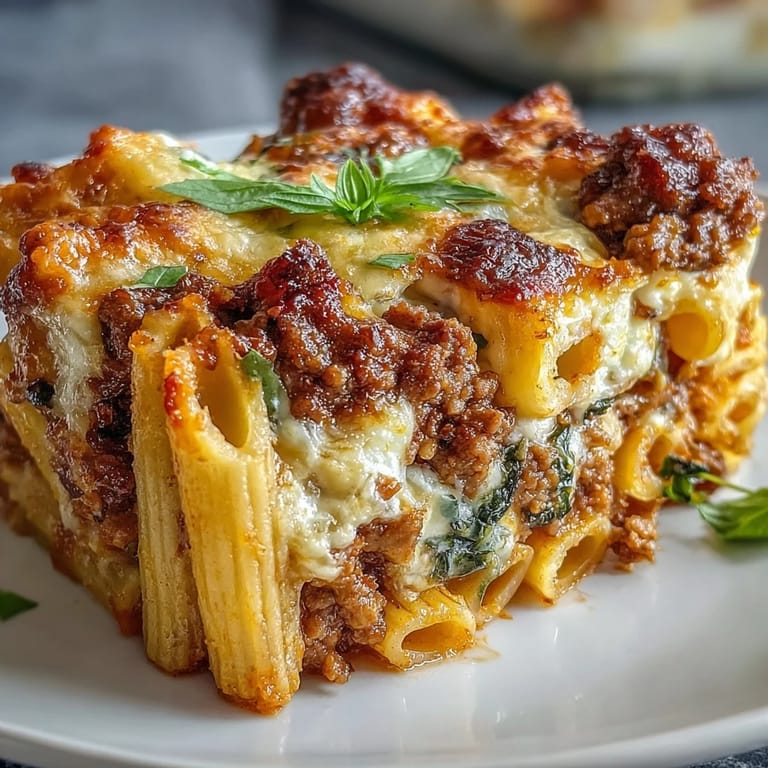 A hearty slice of the High Protein Italian Beef and Pasta Bake in a baking dish, showing the rich tomato sauce, vegetables, and melted cheese topping.