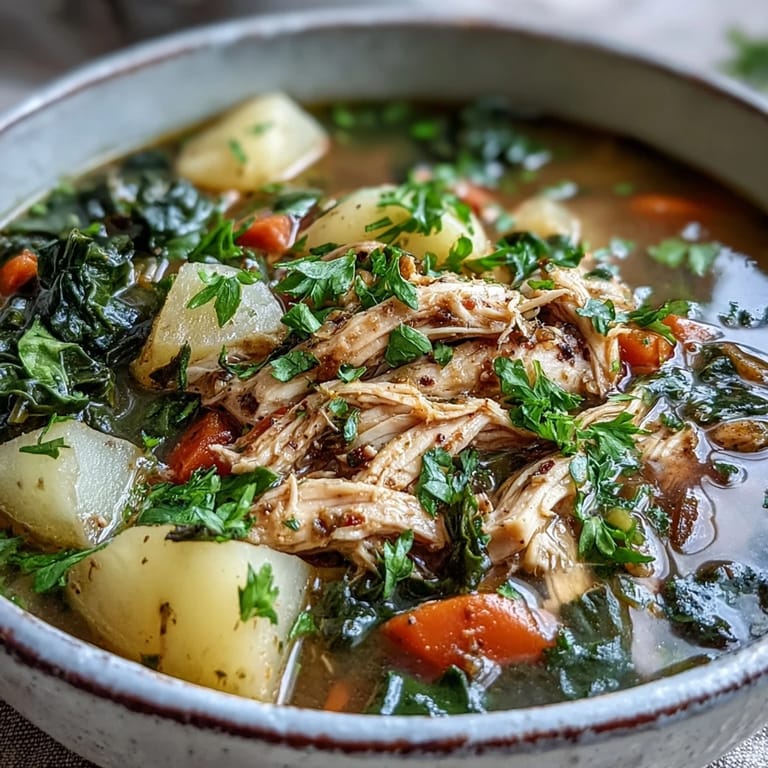 Close-up of Collard Greens, Chicken and Vegetable Soup with bright greens and carrots in a rustic bowl.