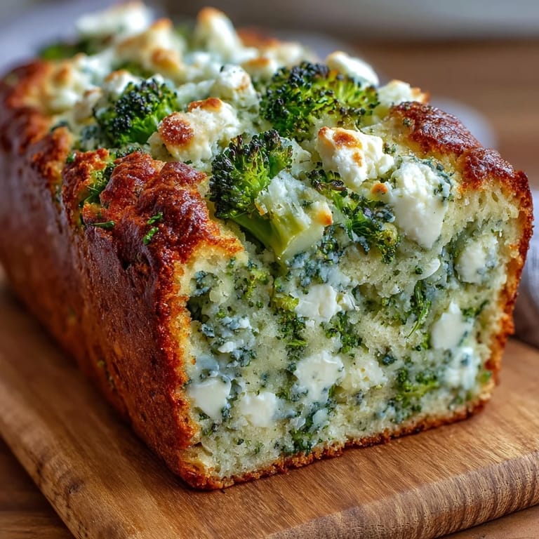 Serving suggestion: Broccoli and Feta Loaf sliced to reveal soft texture, paired with a bowl of tomato soup and fresh herbs.