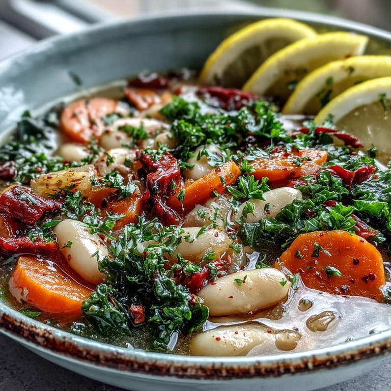 Hearty Mediterranean White Bean Stew served in a rustic bowl, garnished with fresh parsley and a lemon wedge beside crusty bread for dipping.  