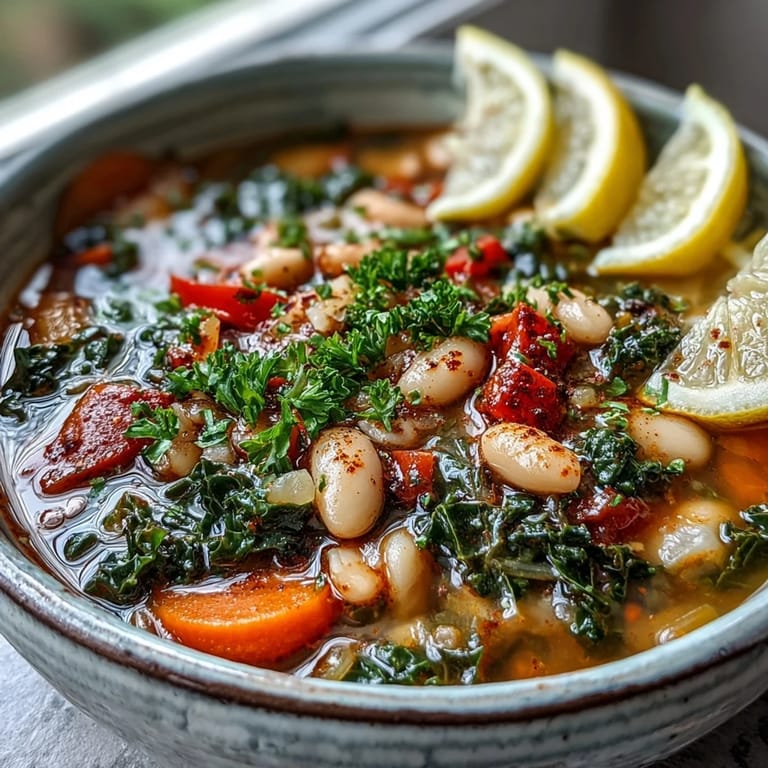 Vibrant Mediterranean White Bean Stew with kale, tomatoes, and spices, shown in a large pot ready to ladle into individual servings.