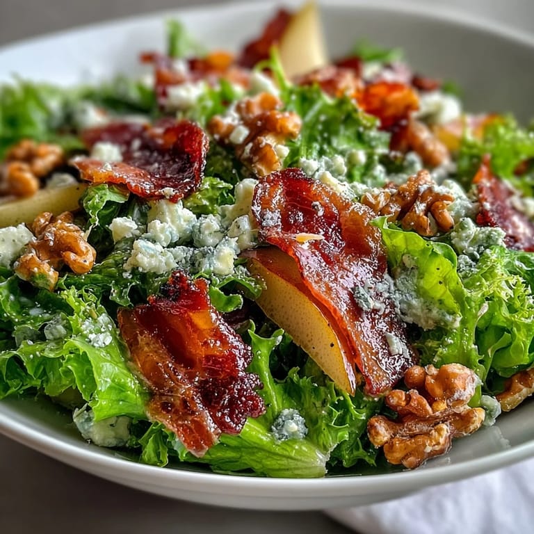 Juicy pear slices mingle with creamy crumbles of blue cheese on a bed of bitter frisée and crisp prosciutto.