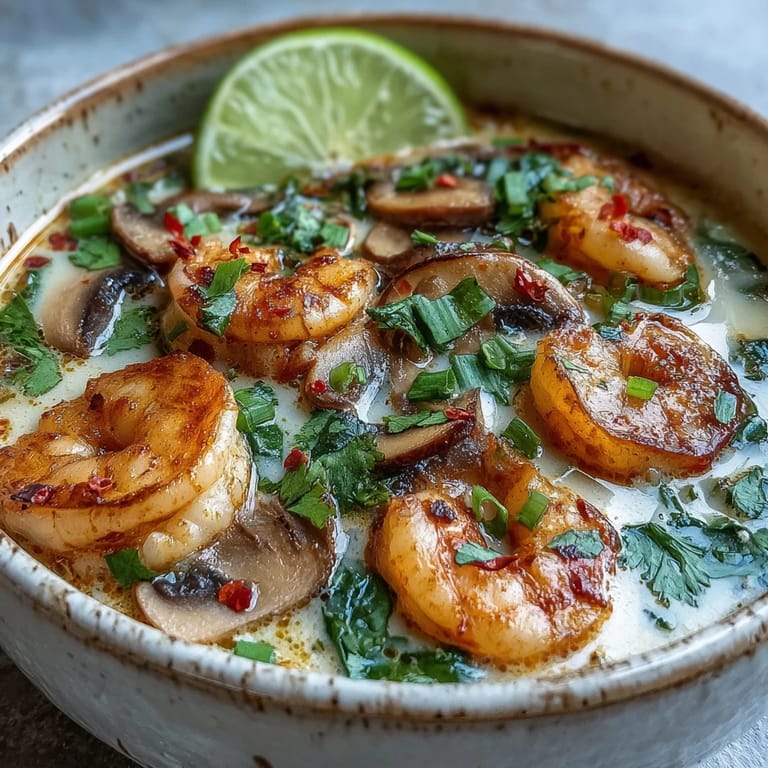 Steaming bowl of Thai Coconut Shrimp Soup featuring tender shrimp, mushrooms, and aromatic ginger for a spicy kick.