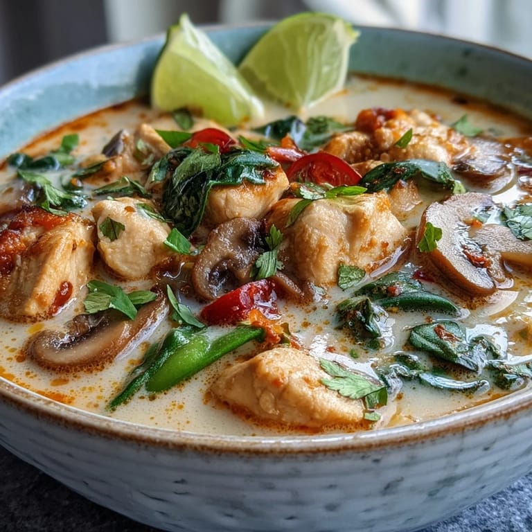 A close-up of Thai Chicken Coconut Curry Soup, showing vibrant red curry broth, sliced shiitake mushrooms, and Thai basil garnish, with steam rising to signal it's freshly served.