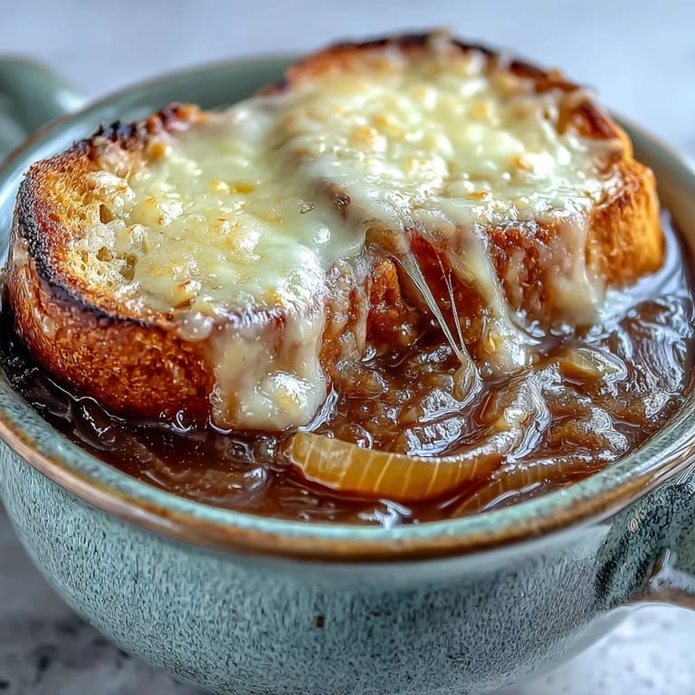 Caramelized onions and bubbly cheese topping on French Onion Soup in a rustic bowl.