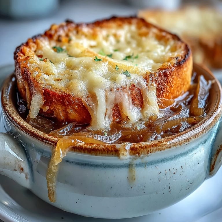 Serving French Onion Soup with crusty bread and melted Gruyère under the broiler.