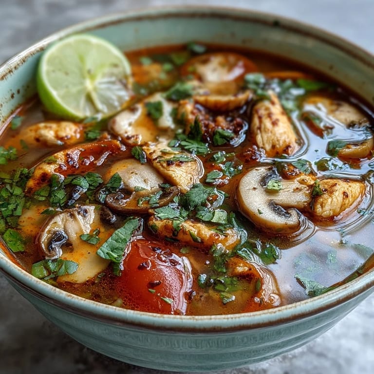 A vibrant close-up of Tom Yum Chicken reveals crushed birds eye chilies and fresh herbs floating in a tangy, citrusy broth, served alongside lime wedges for extra zest.