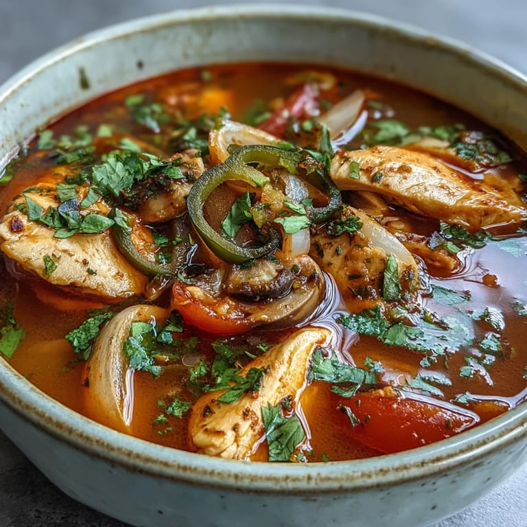 Spicy and sour Tom Yum Gai Thai soup featuring chicken, tomatoes, and vibrant chili heat.
