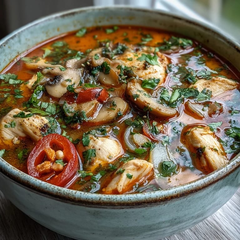Aromatic Tom Yum Gai broth with chicken, mushrooms, and lime wedges for serving.