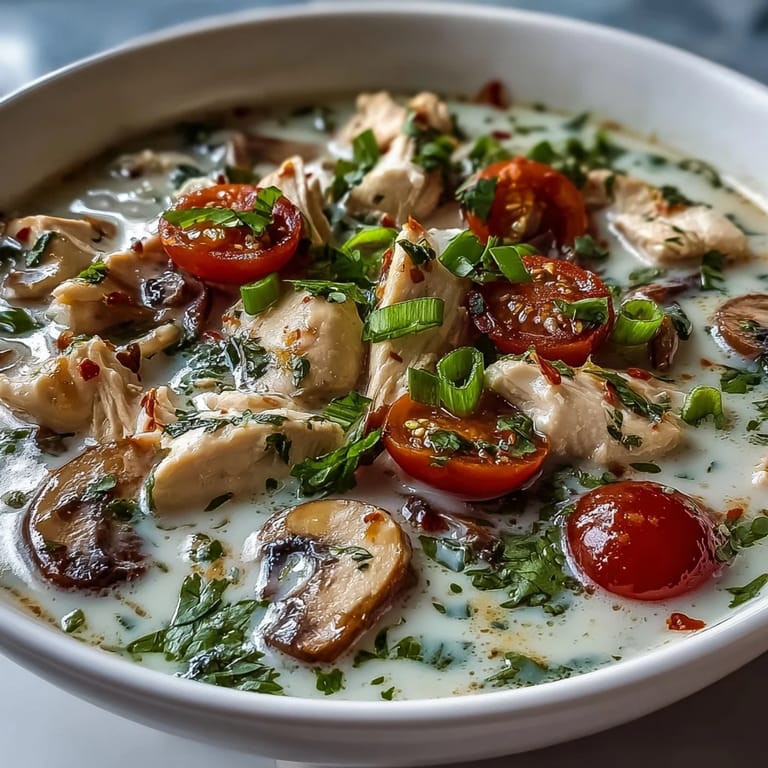 Creamy Best Ever Tom Kha Gai Soup with tender chicken, mushrooms, and aromatic Thai herbs in a white ceramic bowl.
