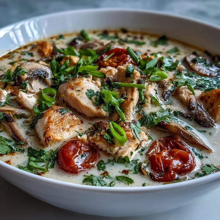 Serving Best Ever Tom Kha Gai Soup with jasmine rice and fresh garnishes, showcasing the rich coconut broth.