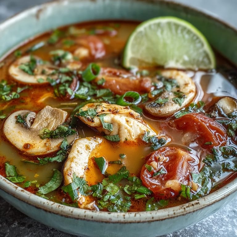 Fragrant steam rises from a pot of Tom Yum Chicken, showcasing plump chicken pieces and vegetables soaking up the spicy, sour, and savory Thai flavors.