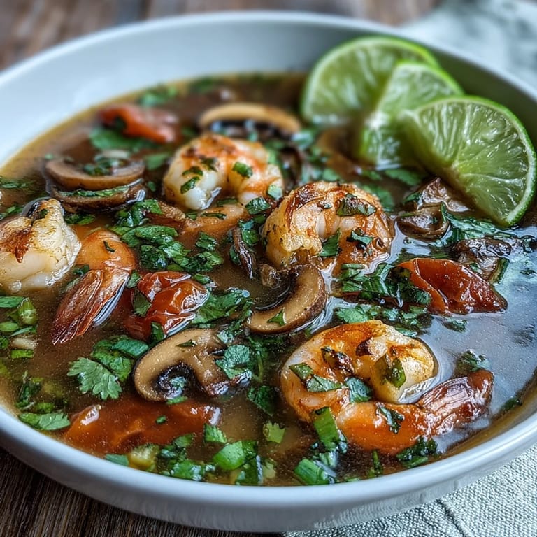 Spicy and sour Tom Yum Soup served in a rustic bowl with a spoon nearby.