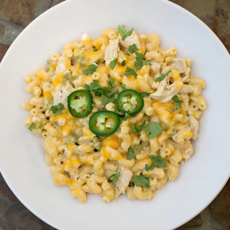 Steam rises from a spoonful of Green Chili Chicken Mac, showing the rich, melted cheese sauce coating pasta shells and mild green chiles.