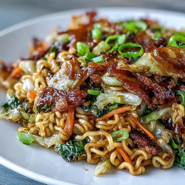 Plate of Fried Cabbage Ramen garnished with green scallions, served hot for an easy weeknight meal.