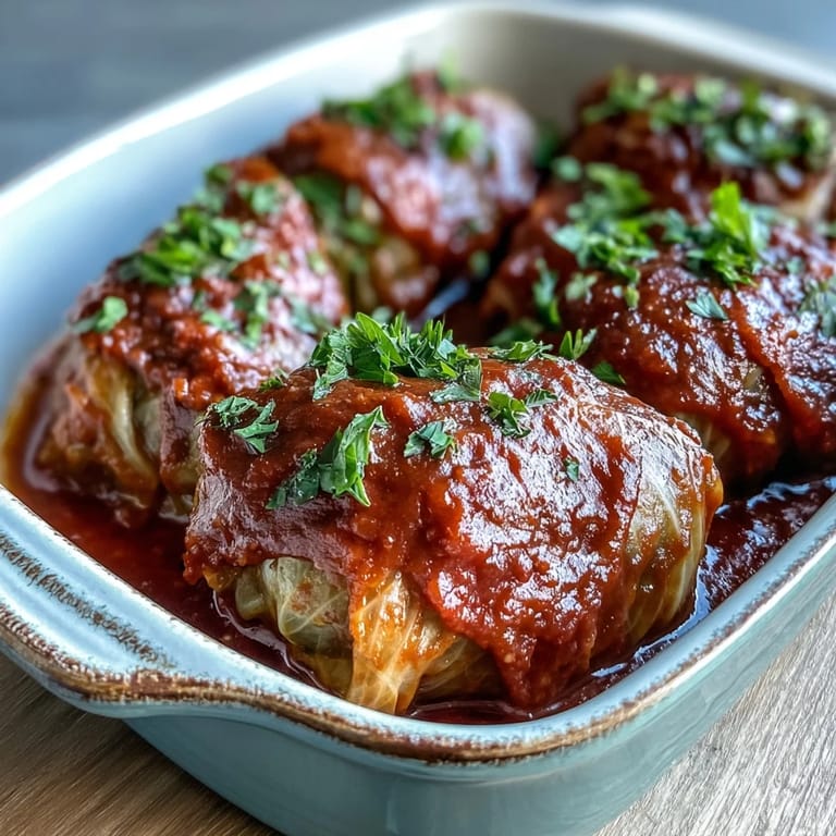Freshly baked cabbage rolls resting in a white dish, steam rising from tender leaves and savory sauce.