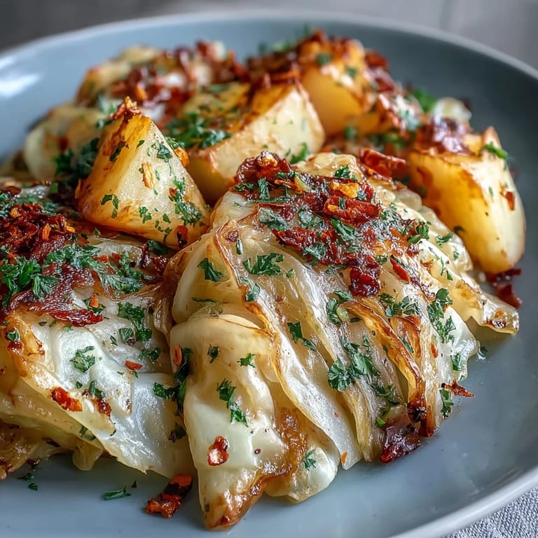 Spoon-ready Braised Cabbage With Potatoes and Chili, showcasing soft cabbage and potatoes with a gentle chili warmth.