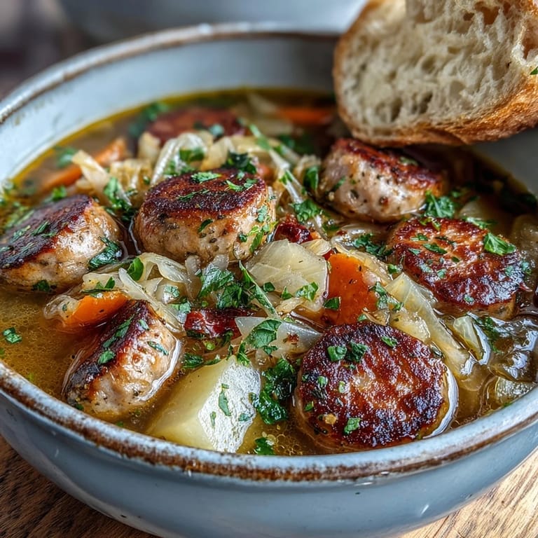 Comforting Sausage, Potato and Cabbage Soup simmers with tender cabbage, carrots, and celery, releasing a smoky paprika aroma.