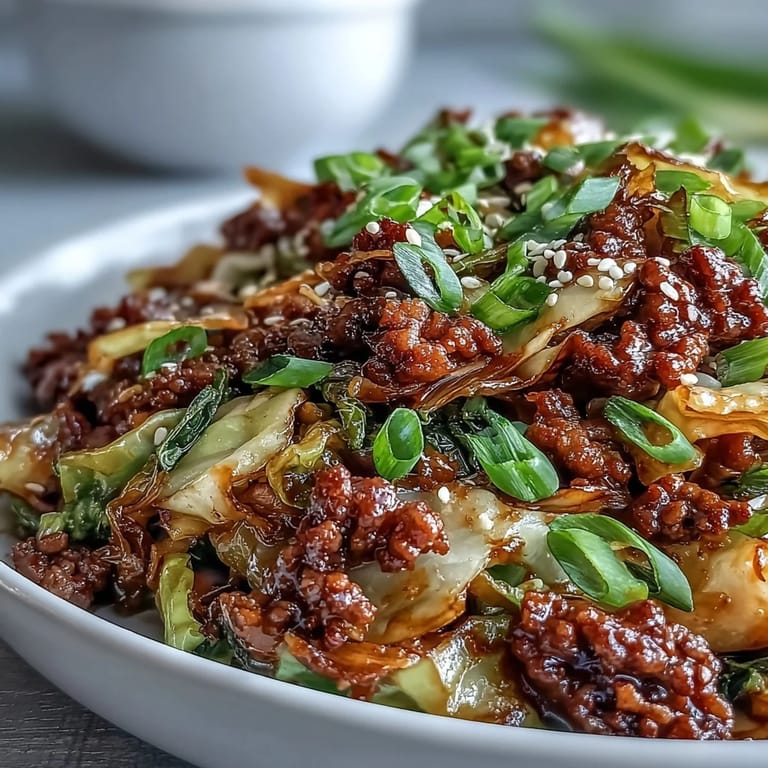 Garnished Chinese Ground Beef and Cabbage Stir-Fry with green onions and sesame seeds, plated alongside steamed cauliflower rice for low-carb.