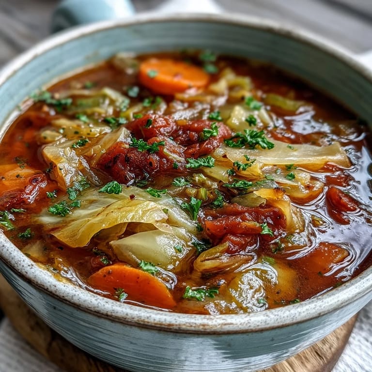 Close-up of Classic Cabbage Soup showing vibrant vegetables simmering in a rich, aromatic broth inside a cozy pot.