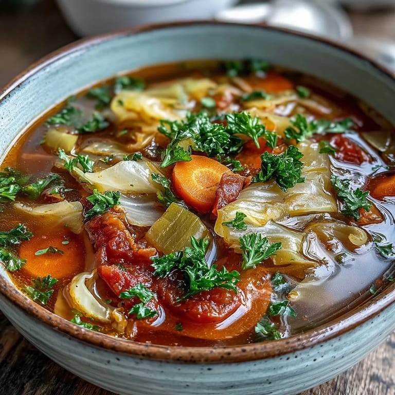 Serving suggestion for Classic Cabbage Soup, garnished with fresh parsley and paired with rustic rye bread on the side.