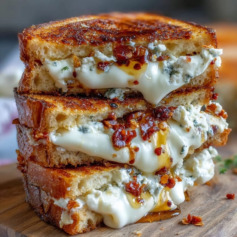 Close-up of creamy goat cheese grilled cheese cut in half, revealing melted cheese and red chili flakes on sourdough.