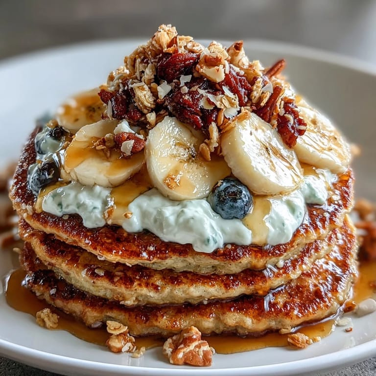 A warm Protein Pancake Bowl features sliced bananas, honey drizzle, and creamy yogurt.