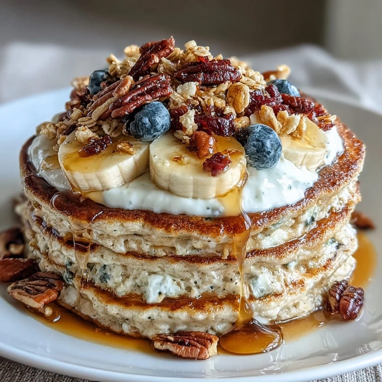 Thick Protein Pancake Bowl topped with blueberries, walnuts, and a spoonful of peanut butter.