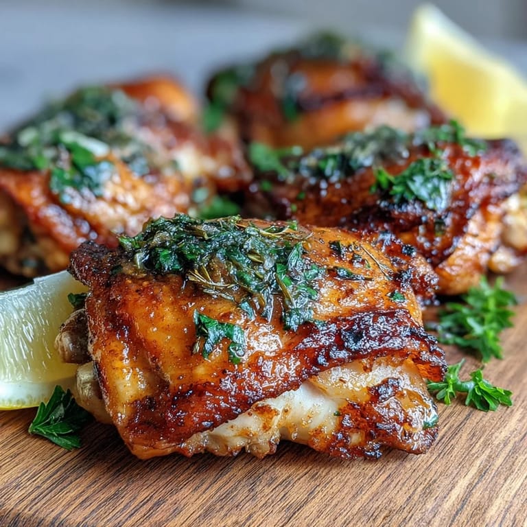 Close-up of golden-brown Crispy Baked Bone-In Chicken Thighs, showcasing smoky paprika seasoning and crisp, crackling skin.