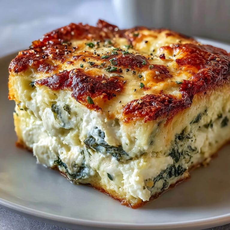 A plated slice of High Protein Spinach Artichoke Bake showing the fluffy egg custard texture and chopped artichoke hearts.