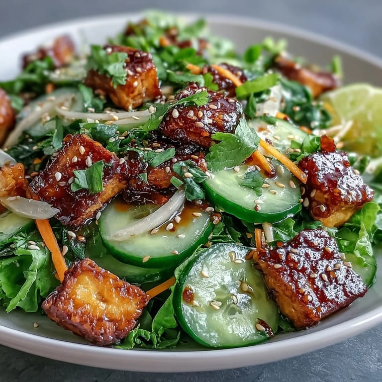 Golden pan-fried tofu adds satisfying crunch alongside crisp cucumber slices in a visually inviting lunch bowl.