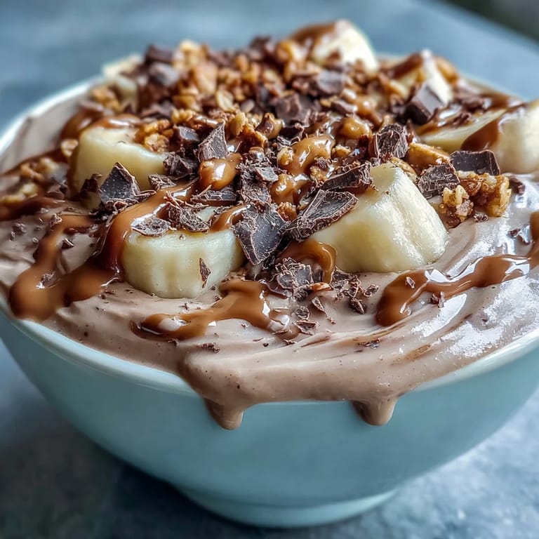 In a ceramic bowl, a textured Chocolate Peanut Butter Smoothie Bowl is garnished with sliced bananas and a generous sprinkle of dark chocolate.