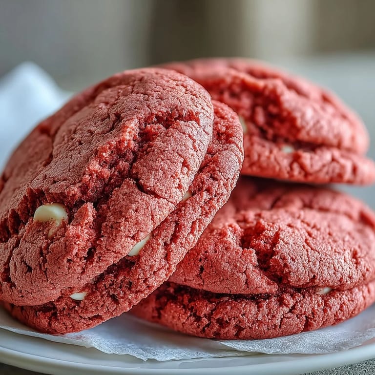 Warm Pink Velvet Cookies served on a plate with a glass of milk for dipping.