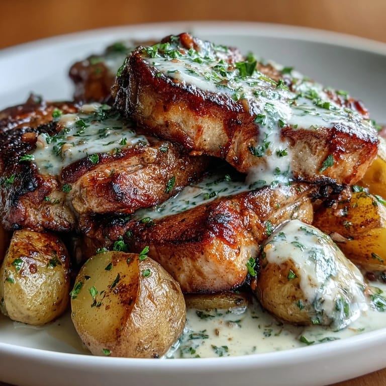 Savory Crockpot Ranch Pork Chops over soft vegetables, bathed in a rich, creamy ranch sauce and garnished with fresh parsley.