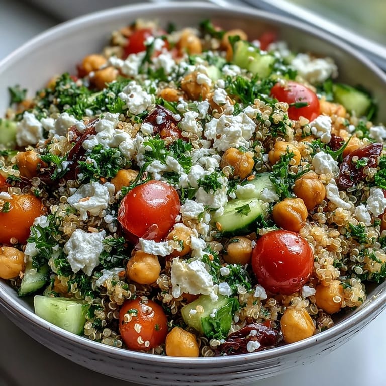 A freshly tossed High Protein Quinoa & Chickpea Salad topped with crumbled feta and fresh herbs, ready for a healthy lunch.